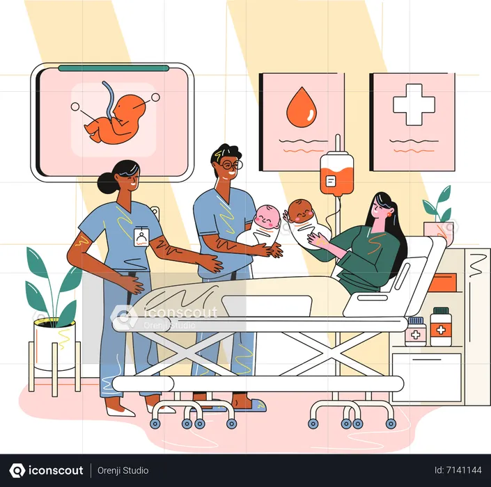 Mother giving childbirth in hospital  Illustration
