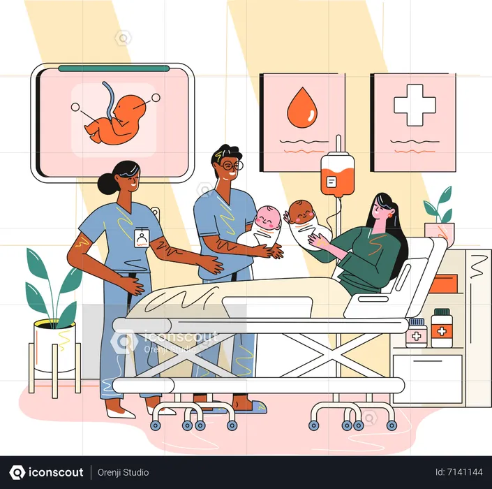 Mother giving childbirth in hospital  Illustration