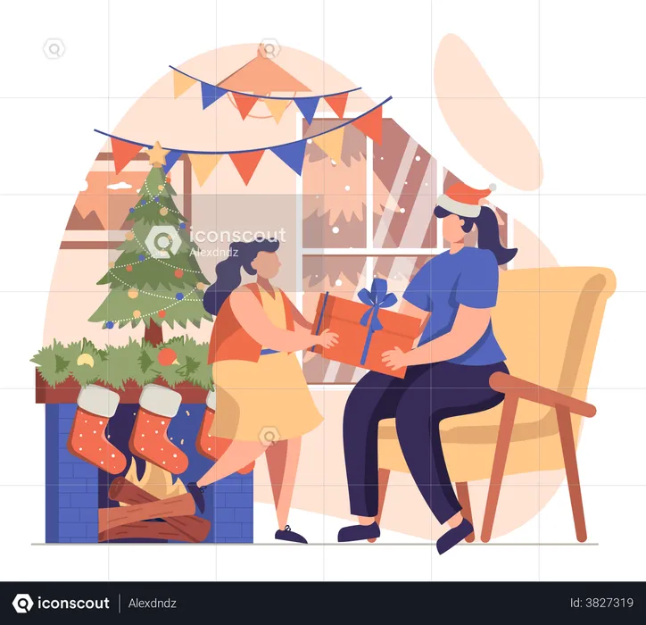 Mother Giving Christmas Gift To Her Daughter  Illustration
