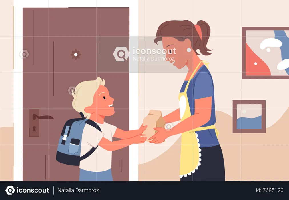 Mother giving food to son  Illustration
