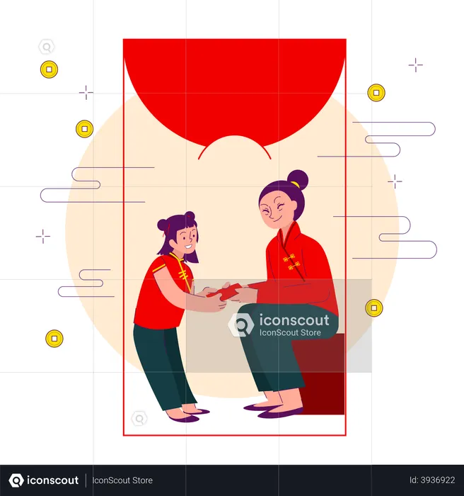 Mother giving kid angpow card for vacations  Illustration