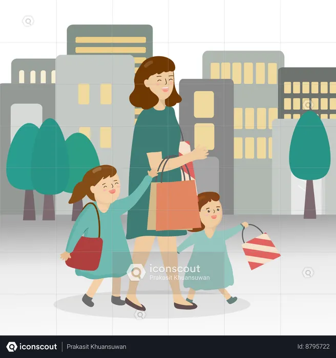 Mother going shopping with two little girl  Illustration