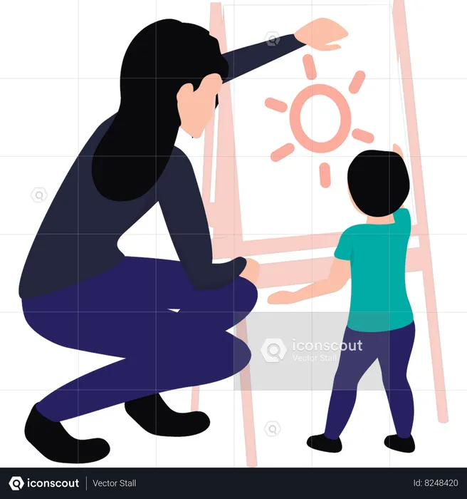 Mother helping her child to draw  Illustration