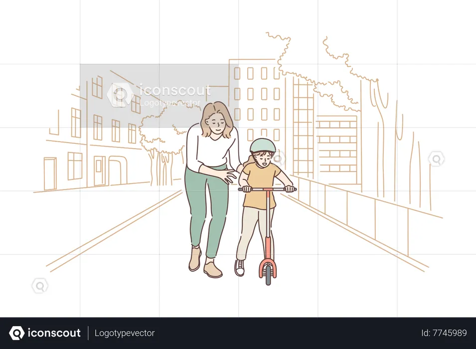 Mother helping son for riding scooter  Illustration