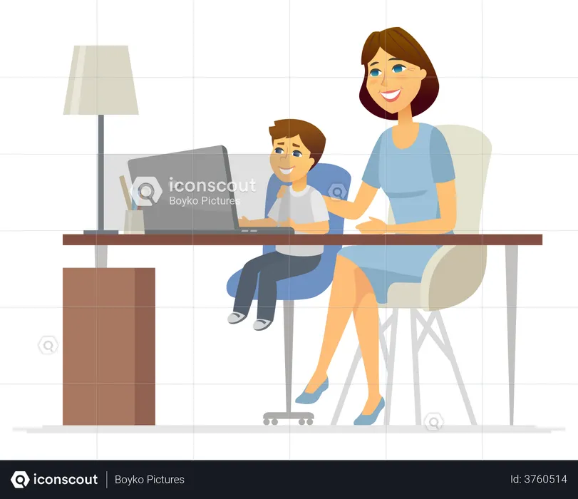 Mother helping son to attend online class  Illustration