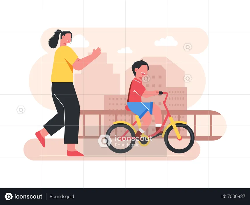 Mother helping son with cycling  Illustration