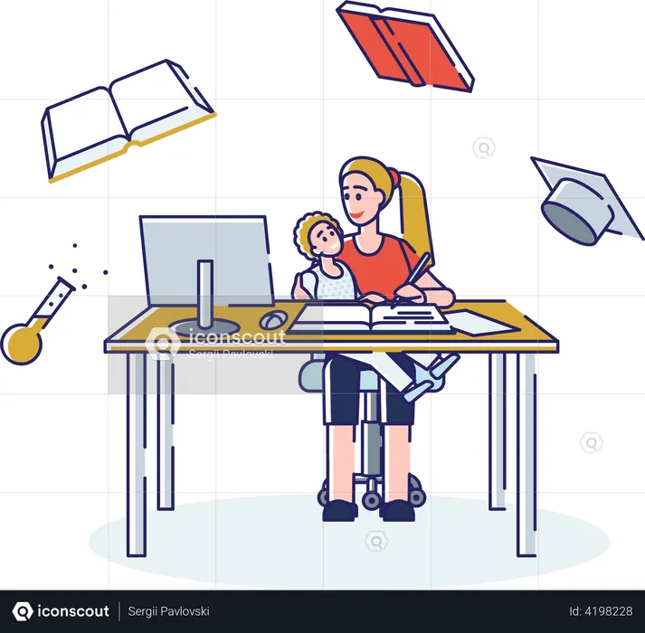 Mother Helps To Little Son To Learn Online Course  Illustration