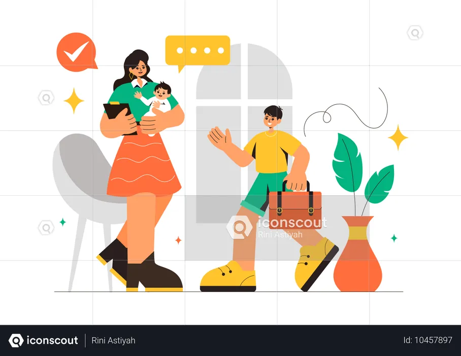 Mother holding baby while doing work at home  Illustration