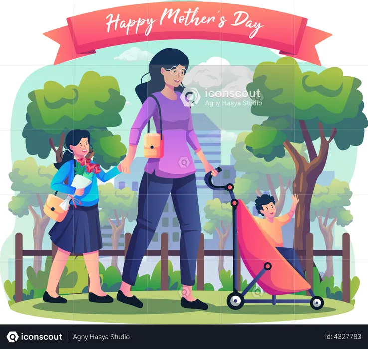 Mother holding hand of her Daughter and carrying child in a baby stroller walking in the city park  Illustration