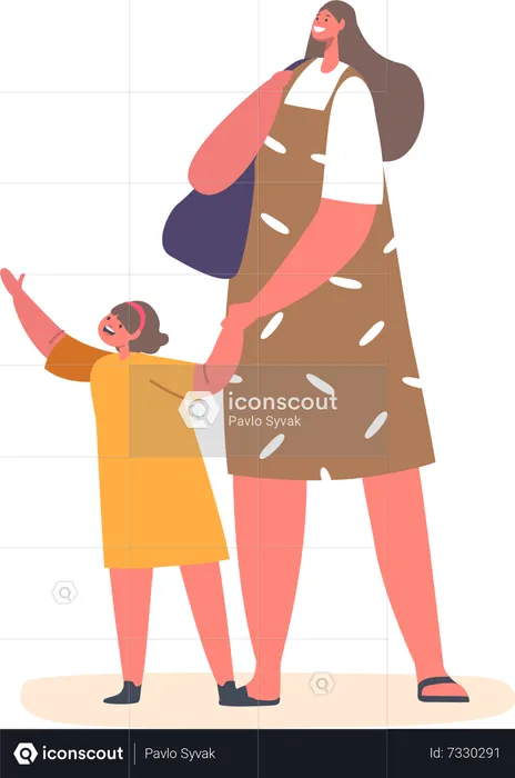 Mother Holding Hand Of Little Daughter  Illustration