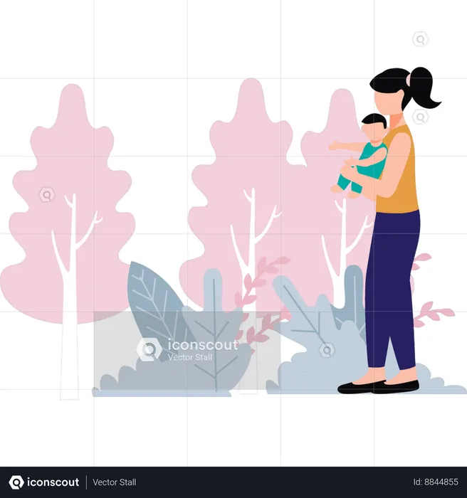 Mother holding her baby in the park  Illustration