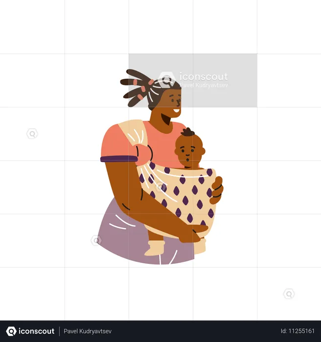 Mother hugging child in fabric sling  Illustration