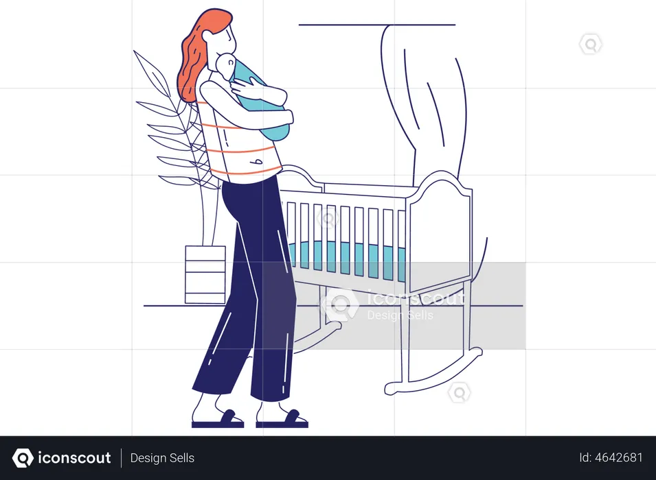 Mother hugging newborn baby near cradle  Illustration