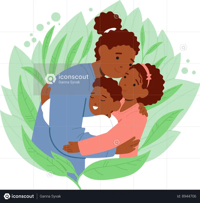 Mother hugs her children  Illustration
