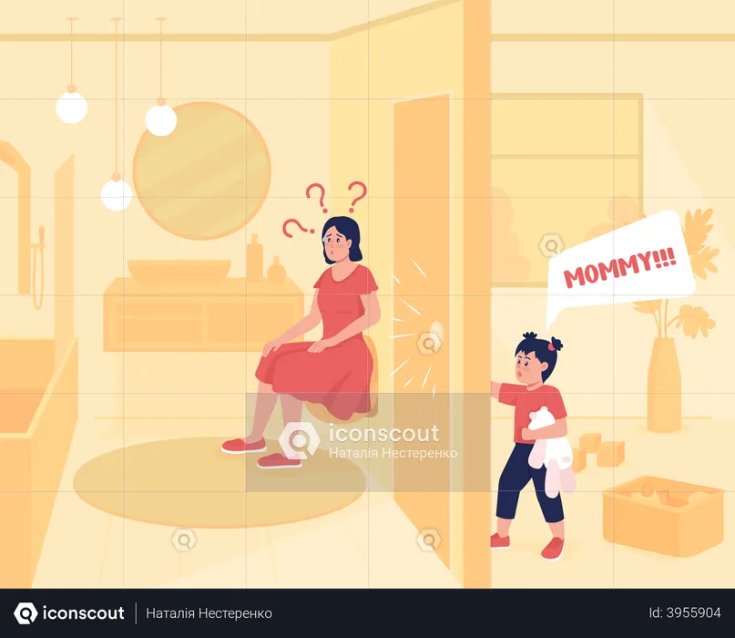 Mother in Bathroom and Child Knocking Door  Illustration