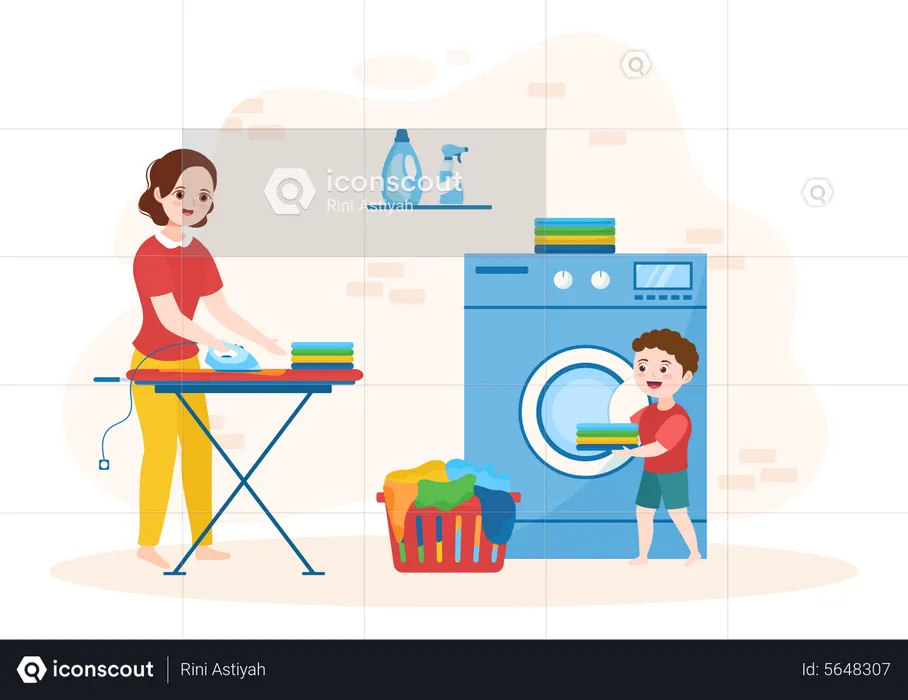 Mother ironing clothes while son holding clothes  Illustration