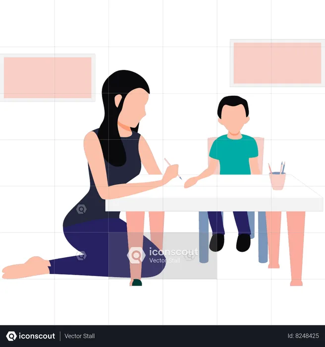 Mother is drawing something on the child's hand  Illustration