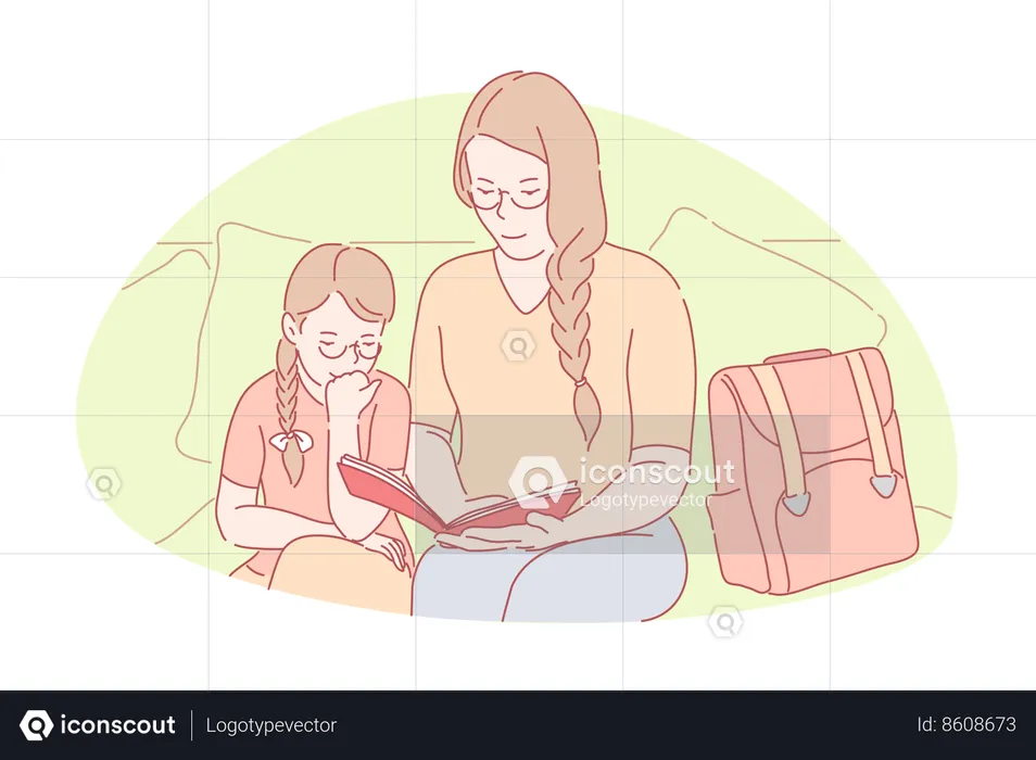 Mother is explaining chapter to child  Illustration