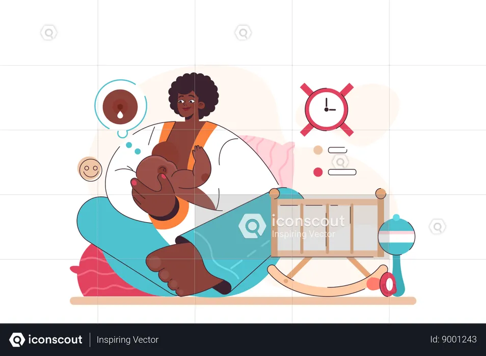 Mother is feeding her newborn baby on demand  Illustration