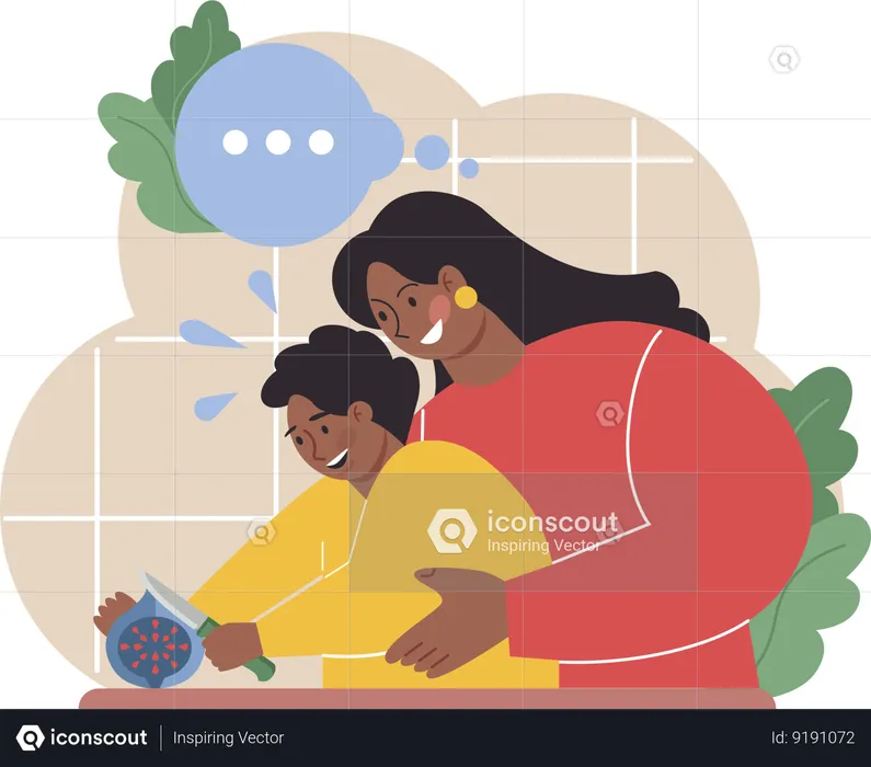 Mother is helping son in chopping vegetable  Illustration