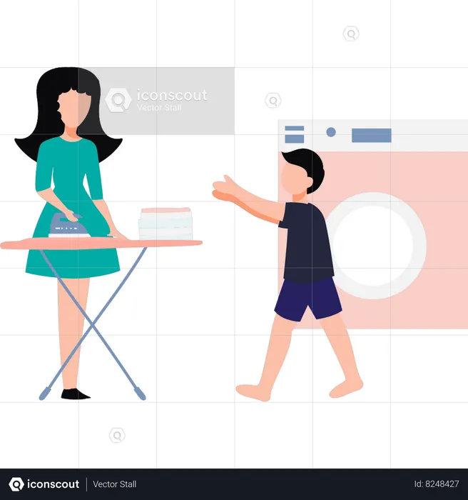 Mother is ironing clothes  Illustration