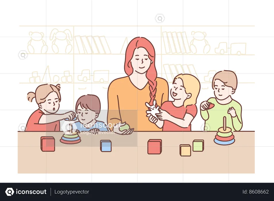Mother is playing games with kindergarten students  Illustration