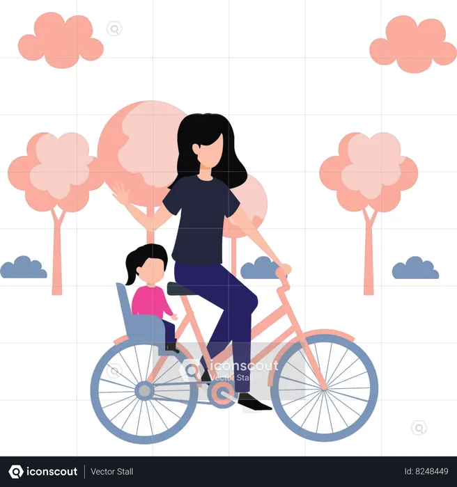 Mother is riding her child on a bicycle in the park  Illustration