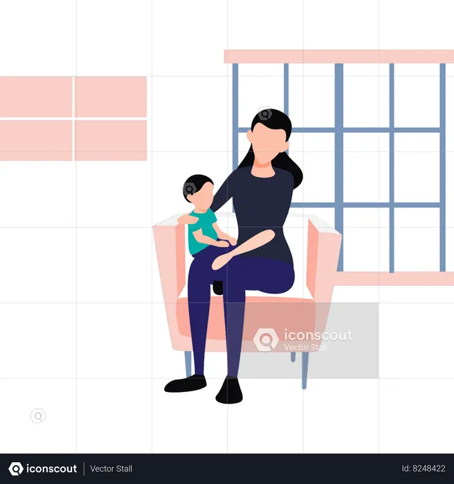 Mother is sitting on a sofa with her child  Illustration