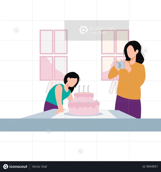 Mother is taking picture of cake with girl  Illustration