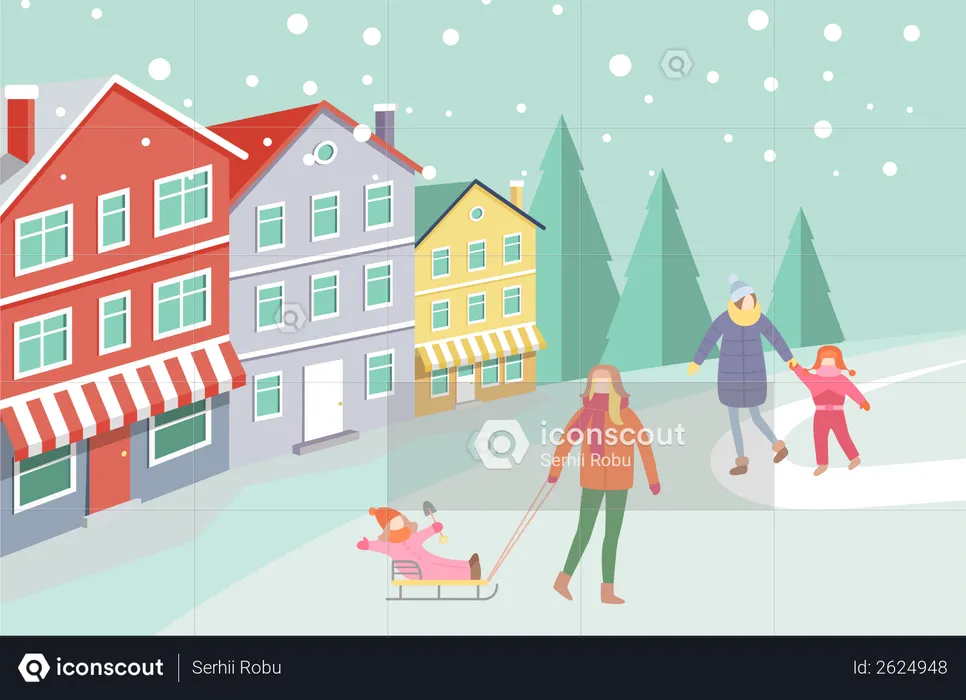 Mother Kid, Person with Child on Sledges Winter  Illustration