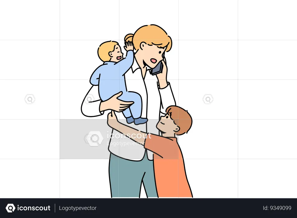 Mother makes business call and babysits children at same time  Illustration