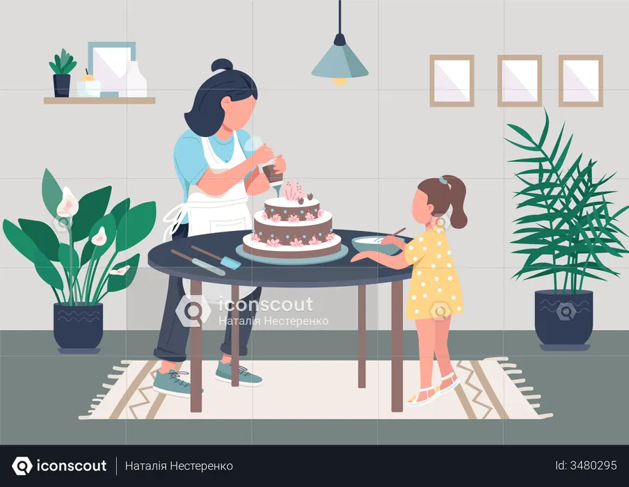 Mother making pastry with daughter  Illustration