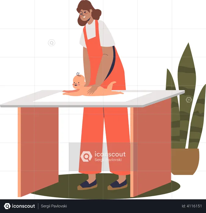 Mother massaging newborn baby  Illustration