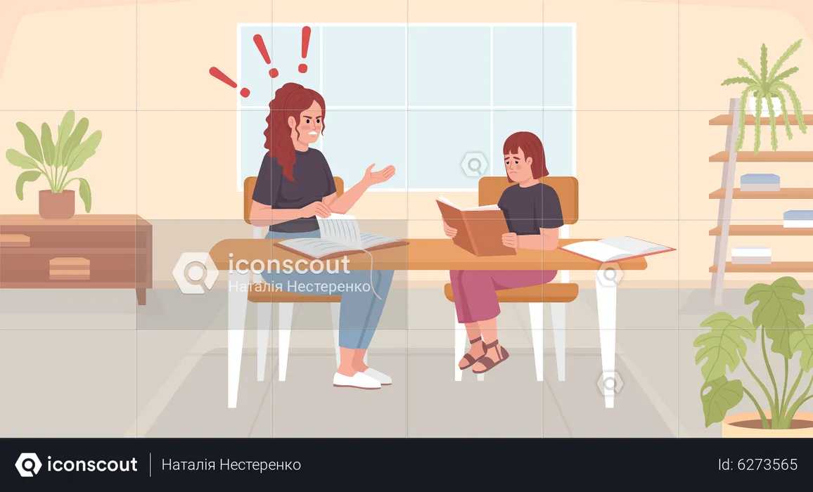 Mother nagging female child over homework  Illustration
