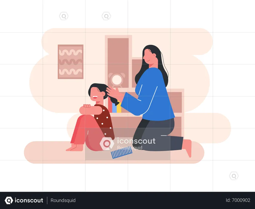 Mother oiling her daughter hair  Illustration