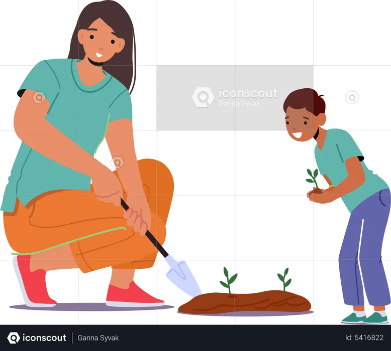 Mother planting crop with son helping her  Illustration