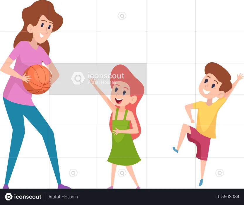 Mother playing ball with children  Illustration