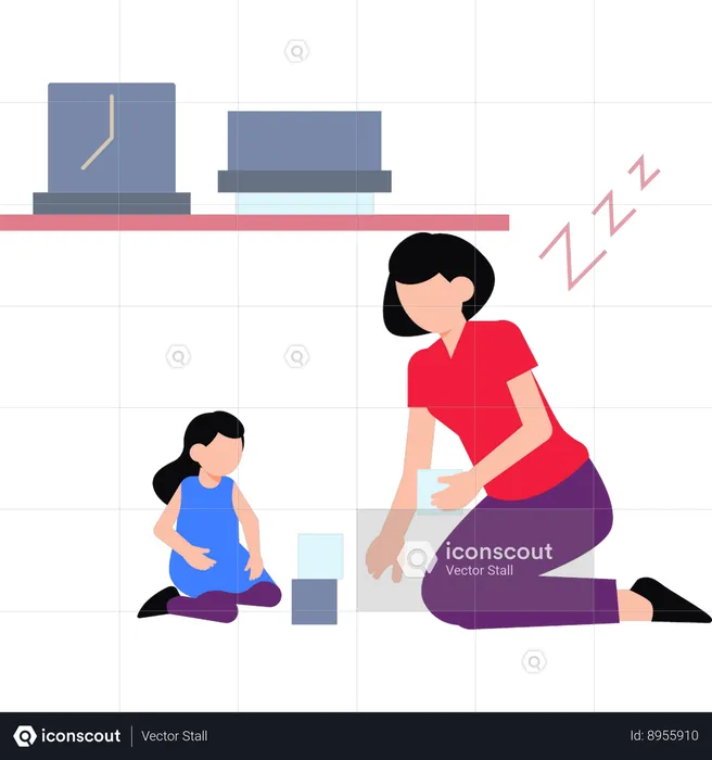 Mother Playing Blocks With Child  Illustration