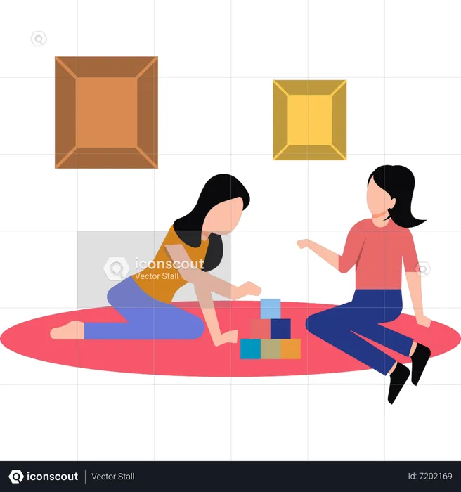 Mother playing blocks with daughter  Illustration