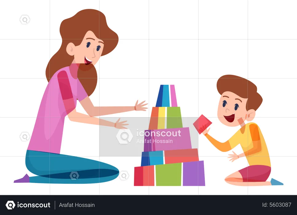 Mother playing toys with son  Illustration