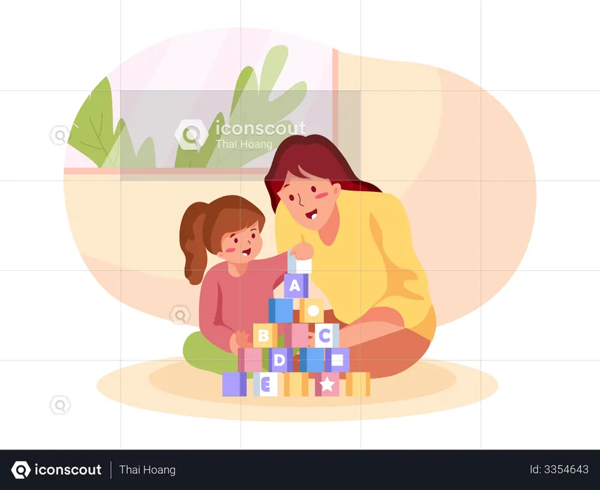Mother playing with kids at home  Illustration