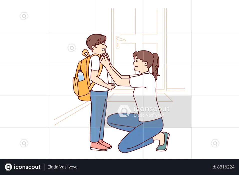 Mother prepares boy for school  Illustration
