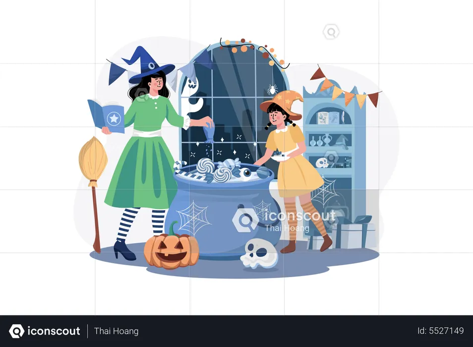 Mother preparing drink for Halloween with daughter  Illustration
