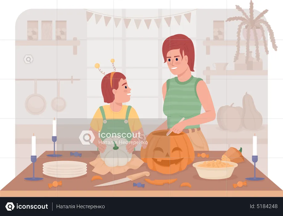 Mother preparing pumpkin with daughter  Illustration