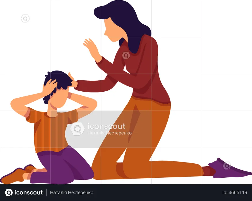 Mother protecting scared son  Illustration