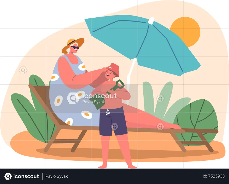 Mother protecting Son from the Sun  Illustration
