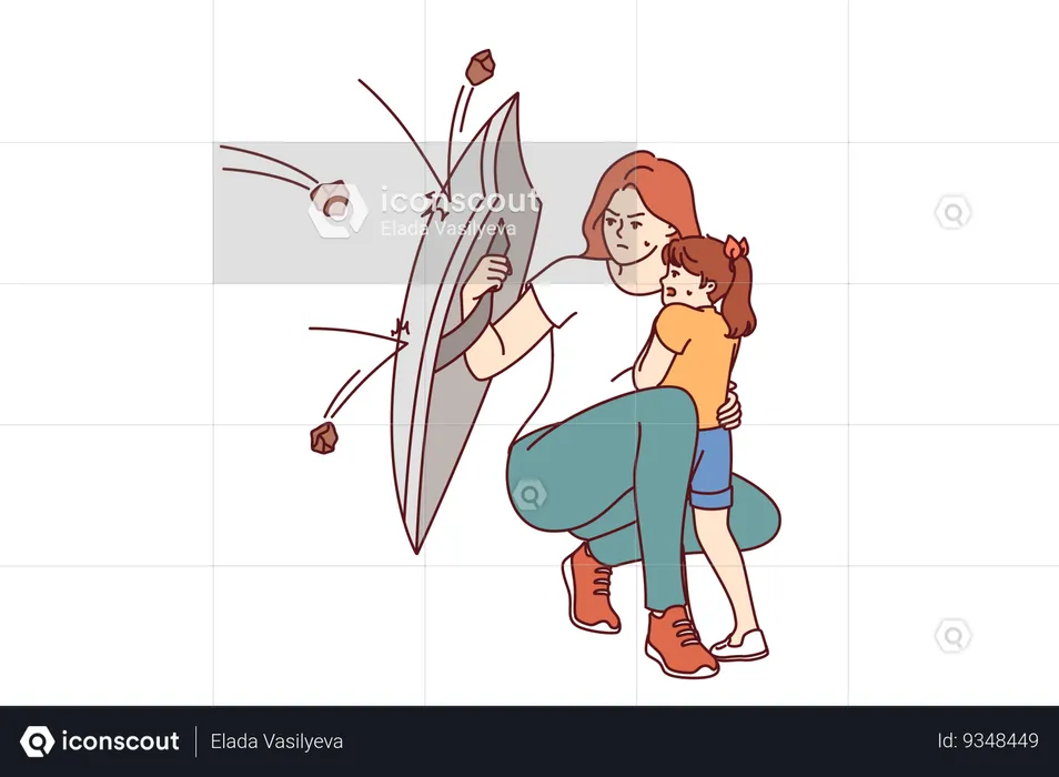 Mother protects little daughter from flying stones using steel shield demonstrating courage  Illustration