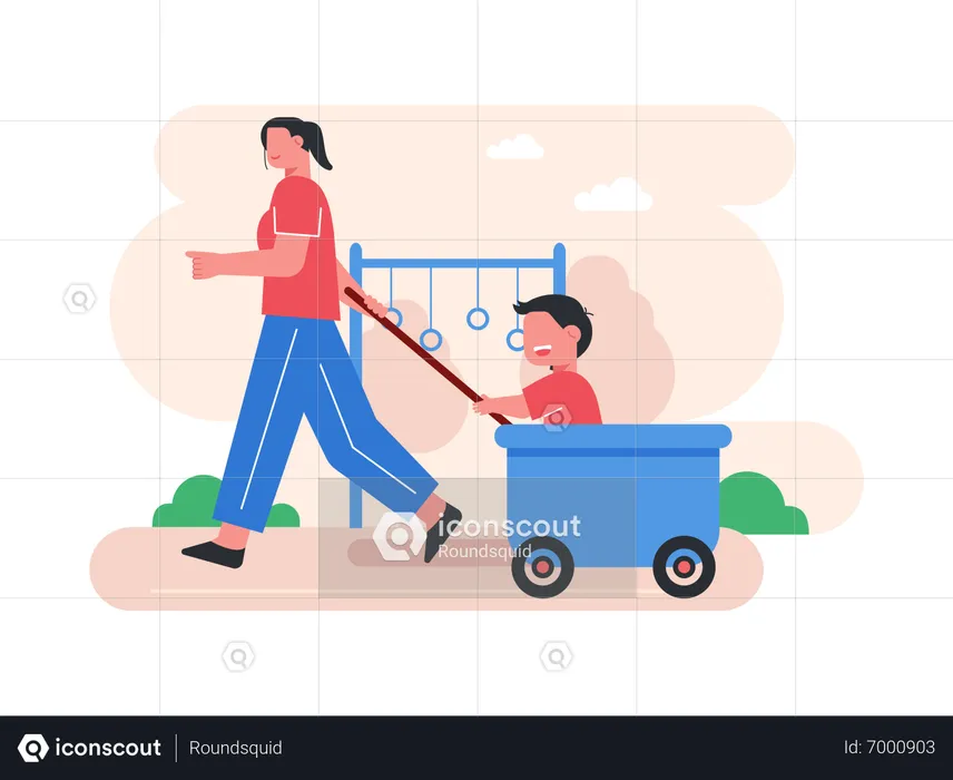 Mother pulling her kid in trolley  Illustration