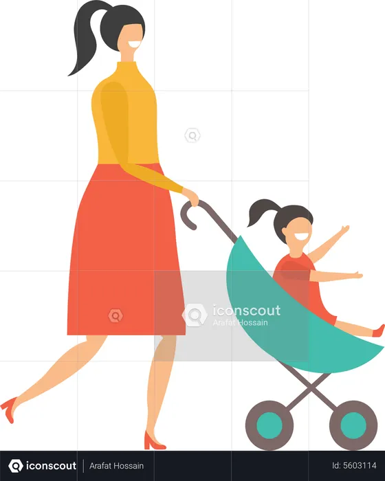 Mother pushing daughter in Stroller  Illustration