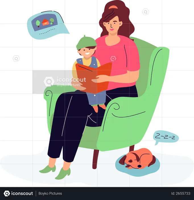 Mother reading a book to her son  Illustration